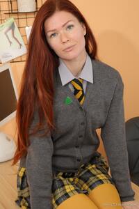 cute ginger Mia S shows off her tight, strong legs in yellow leggings and athletic body in college uniform