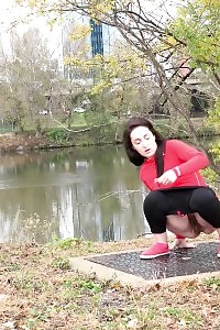 Black Haired European Pisses Outside By Watershed