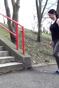 Brunette Doll Pisses On Concrete Steps