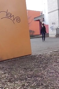 Black-haired Really Needs To Pee While Outside