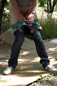 Red-haired Bitch Squatting To Pee Over Cardboard